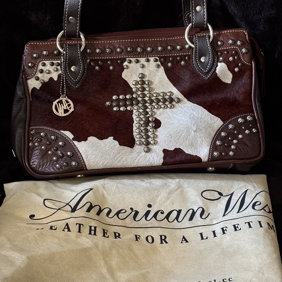 American West Two-Tone Leather Handbag with Studded Cross - Picture 1 of 12
